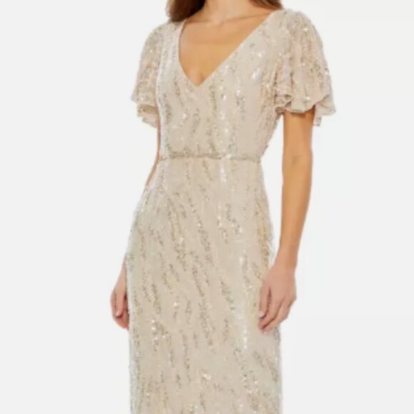 MAC DUGGAL 93591 SEQUINED V-NECK FLUTTER SLEEVE TEA LENGTH OYSTER SHEAT DRESS 8 - Picture 2 of 5